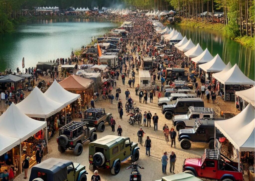 L'exposition présente des véhicules tout-terrain, motos et équipements d'aventure, tandis que les visiteurs explorent les stands et profitent de l'atmosphère animée, entourés d'arbres et de l'eau apaisante du lac en arrière-plan. Cela capture parfaitement l'esprit du Provence Overland Festival, où nature et aventure se rencontrent