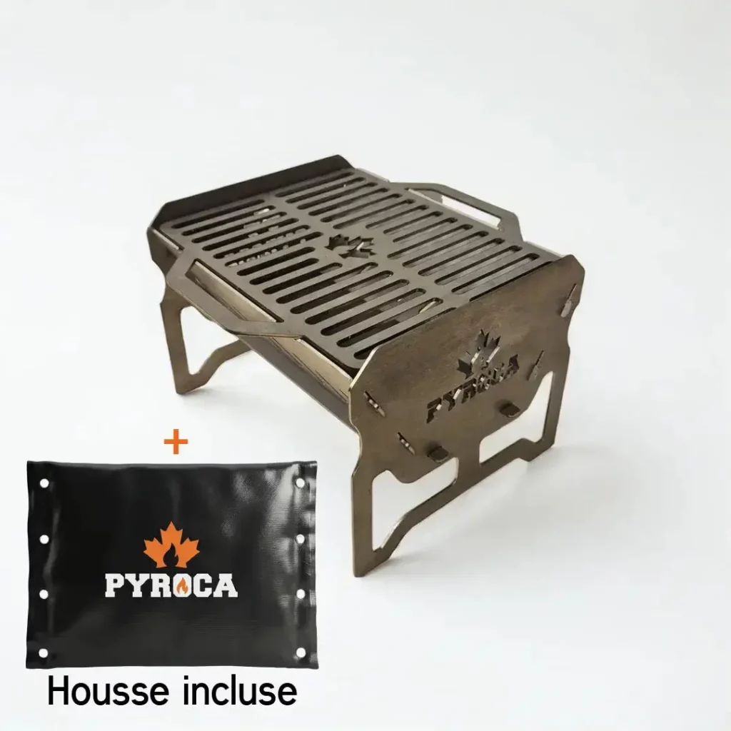 Barbecue nomade Pyroca pliable avec housse de transport incluse pour aventure outdoor et cuisine bivouac