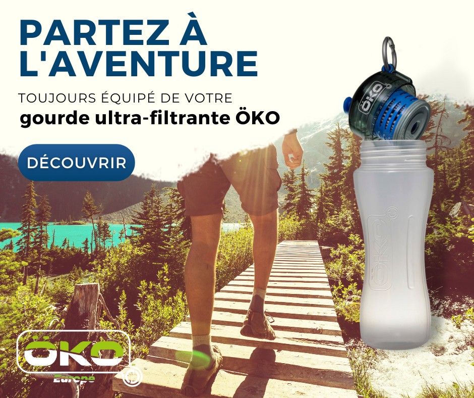 Randonneur équipé d'une gourde ÖKO Europe en pleine nature salon de l'aventure.