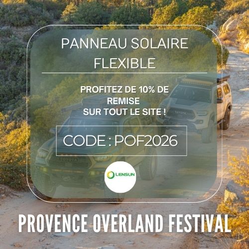 Panneau solaire flexible Lensun avec remise POF2026 pour autonomie en van et 4x4 au Provence Overland Festival
